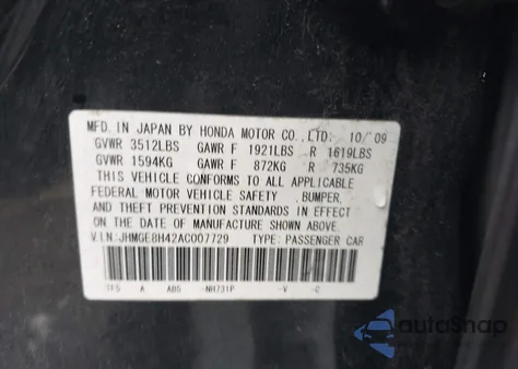 2010 Honda Fit Sport из США, поврежденный, VIN JHMGE8H42AC007729